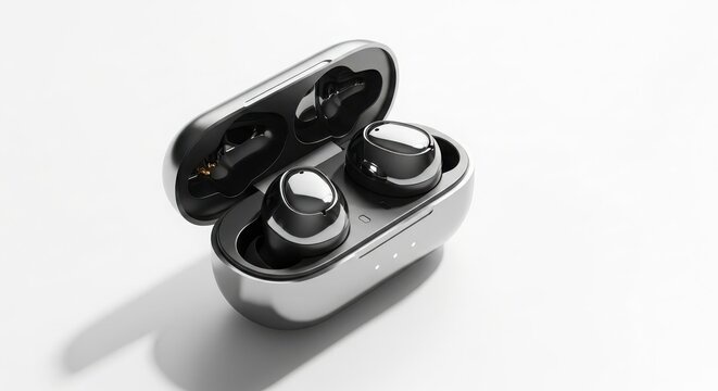 A sleek pair of wireless earbuds in a modern charging case