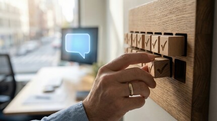 A hand places a wooden checkmark block into a tracker as a digital message icon floats nearby.