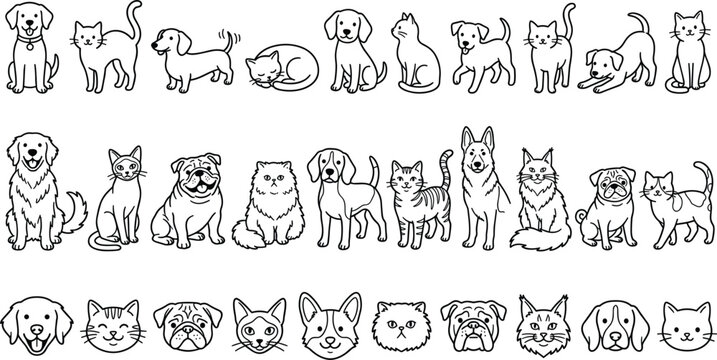 Detailed black and white line art pet icon set featuring various dog and cat breeds and heads,