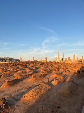 Aerial view of Al-Baqi Cemetery and the Prophet's Mosque in Medina, Saudi Arabia