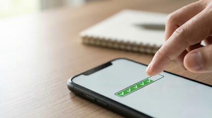 A close-up of a finger tapping a green checkmark progress bar on a smartphone screen over a wooden desk.
