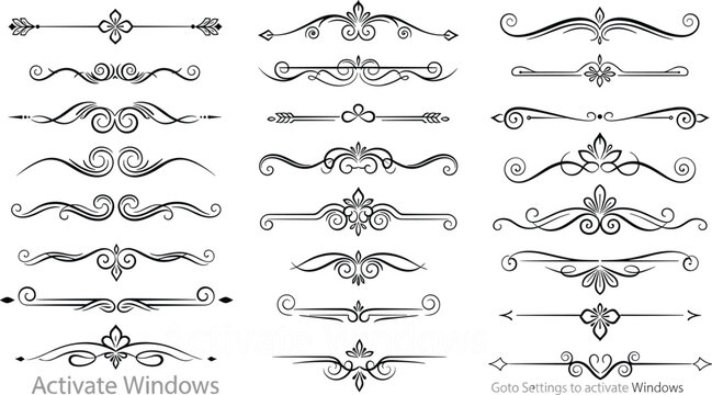 Large collection of elegant black ornamental dividers and vintage flourishes featuring decorative swirls and floral elements for wedding invitations book design and luxury branding
