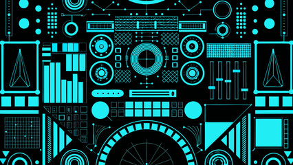 Fototapeta premium Abstract geometric pattern with cyan shapes on a black background