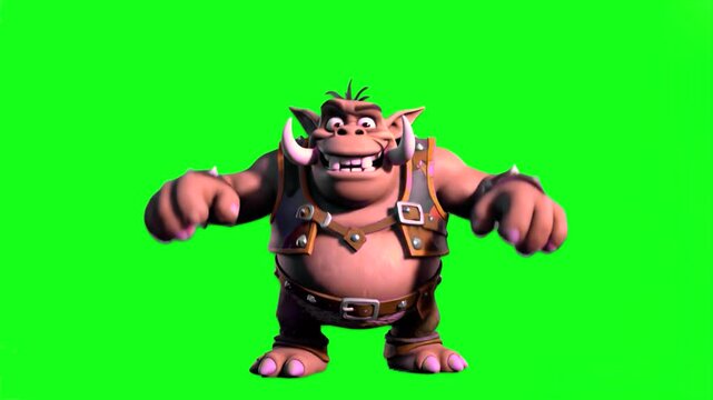A muscular pink orc character in leather armor, performing a funny dance. Isolated on a chroma key green screen, ideal for RPG game promos, fantasy parodies, and creative video transitions.