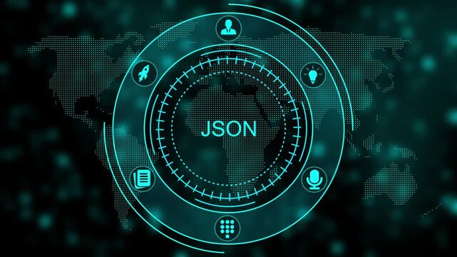 JSON data visualization with futuristic interface on dark background json technology coding