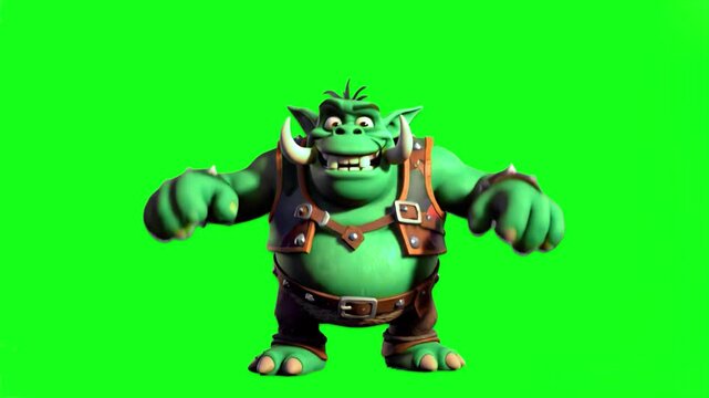 A muscular yet cheerful 3D green orc character in leather armor performing a happy rhythmic dance. Isolated on a green screen for professional chroma keying in gaming, fantasy, or cinematic video cont