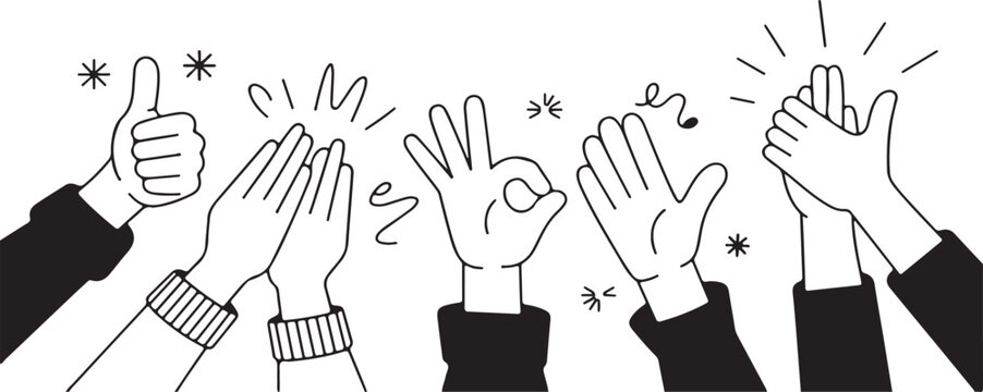 Applauding Hands Gestures: A monochrome illustration of various hands demonstrating the art of applause, thumbs up, and the OK sign, symbolizing approval and appreciation.