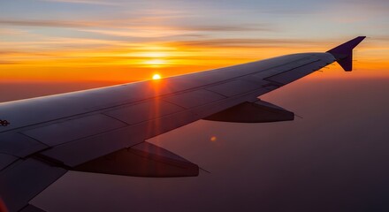 Fototapeta premium Airplane Wing Against a Vibrant Sunset Sky During Flight.