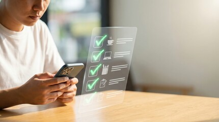 A man interacts with his phone while a transparent holographic task list floats in the air before him