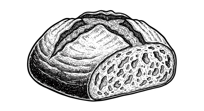 Hand drawn sourdough bread loaf with a slice, vector illustration of rustic bread, bakery product, engraved style