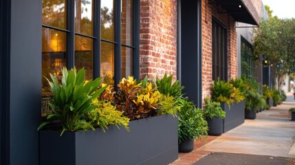 Fototapeta premium A vibrant display of Lush plants in modern planters along a quaint brick storefront