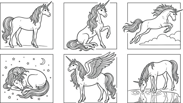 Elegant hand drawn unicorn collection featuring various poses including jumping flying and standing in vintage line art,