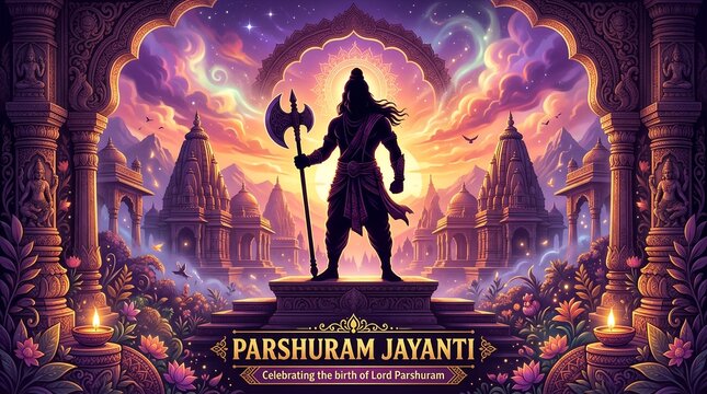 Digital illustration with a vibrant and mystical style, featuring a silhouette of a warrior figure holding an axe, set against a dramatic sunset sky. The layout is symmetrical, with the central figure