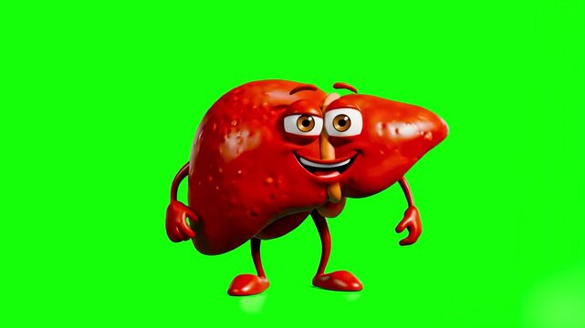 A joyful 3D animated anatomical liver character with a friendly face, performing a lively dance. Isolated on a chroma key green screen, perfect for health awareness, medical education, or funny commer