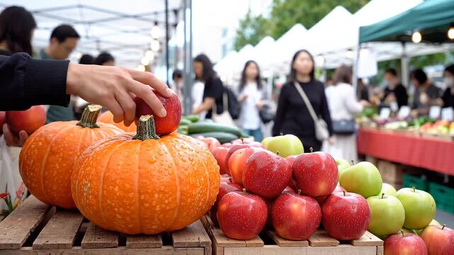 Hand selecting fresh red apples and pumpkins on wooden crates at a busy outdoor farmers market.
