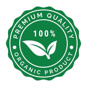Green premium quality organic product label with leaf and 100 percent text