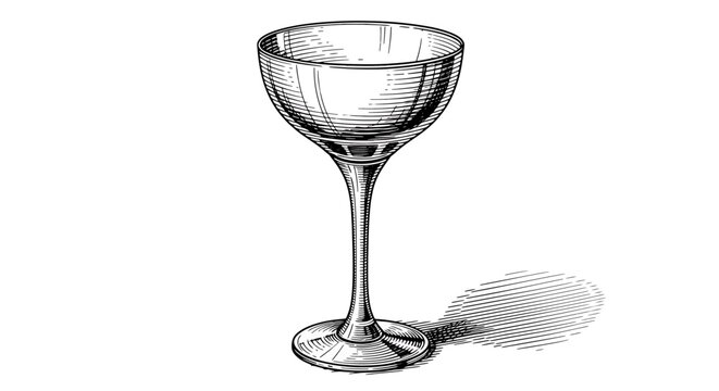 Vintage style coupe glass for champagne or cocktail, handdrawn sketch illustration