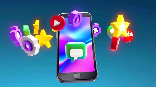 Isometric 3D render of a smartphone with colorful app icons floating above it, bright vibrant colors, soft studio lighting, high commercial value.