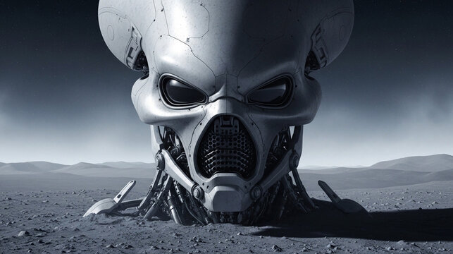Close-up of a menacing alien robot head emerging from a desolate, rocky landscape under a dark sky