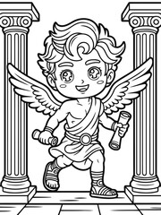 Naklejka premium Winged Messenger with Scrolls in Greek Columns: A celestial being with feathered wings strides confidently, scrolls in hand, against a backdrop of ancient pillars.