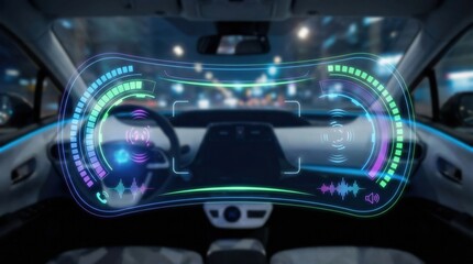 A futuristic car dashboard features a glowing holographic interface with biometric and navigation data.