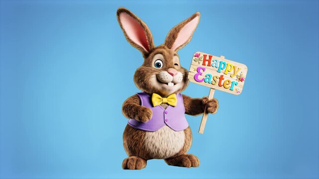 A dapper 3D animated Easter bunny in a purple vest and yellow bow tie dancing while holding a "Happy Easter" sign. This high-quality holiday mascot on a blue background adds a fun, festive touch to sp