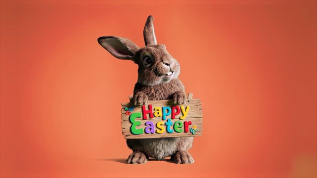 A 3D animated brown rabbit mascot holding and dancing with a rustic wooden "Happy Easter" sign. Set against a vibrant orange background, this festive character is perfect for seasonal marketing and ho