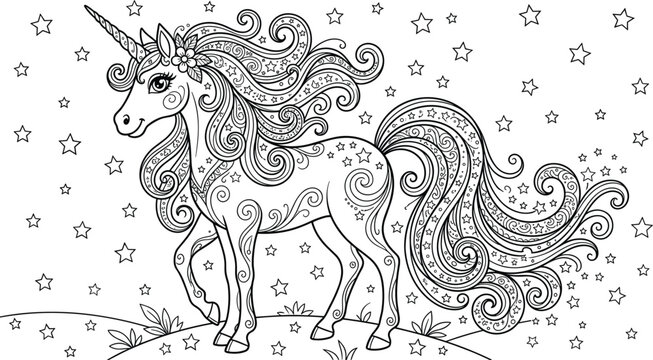 Intricate Zentangle Unicorn Standing On Hill With Stars Ornate Mandala Patterns For Adult Stress Relief Coloring Page Vector.