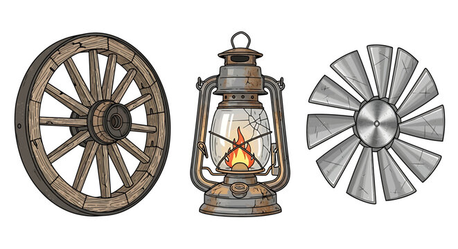 Set of vintage rustic objects including a wooden wagon wheel, an old rusty oil lantern with a lit flame, and a metallic windmill fan blade