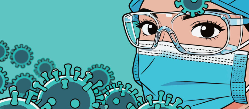 Healthcare worker wearing protective gear during a pandemic with virus graphics in the background showing commitment to health and safety