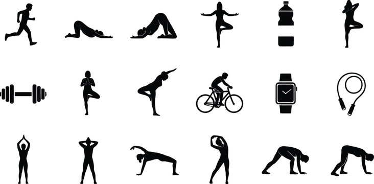 Black Silhouette Fitness Icons for Healthy Lifestyle and Exercise