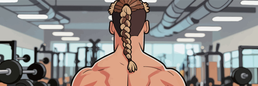 Person with long braided hair stands in a gym looking at exercise equipment and weights in a spacious training area during daytime
