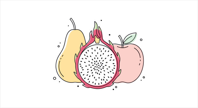 Colorful illustration of fresh fruits including pear, dragon fruit, and apple.