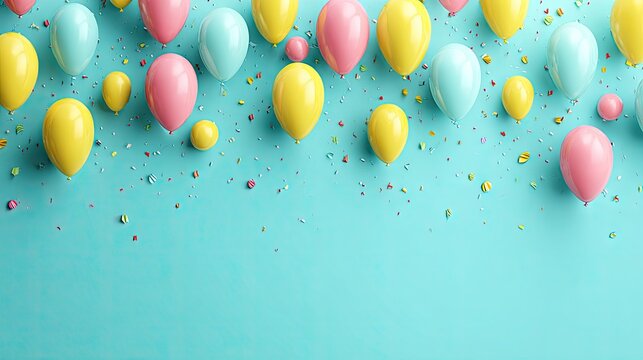 Numerous colorful inflated objects float above a solid colored surface scattered with small decorative pieces