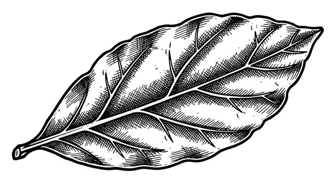 Hand drawn illustration of a single green leaf, botanical sketch of a plant leaf, vintage style engraving