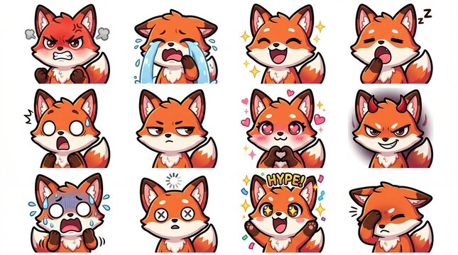 Kawaii Red Fox Twitch Emotes, Chibi Fox Emoji Pack for Streamers