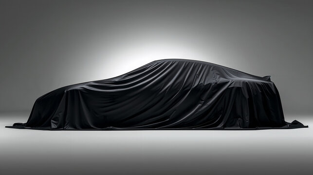 白背景で黒布に包まれた高級車のスポーツカーがお披露目前を想起させる素材