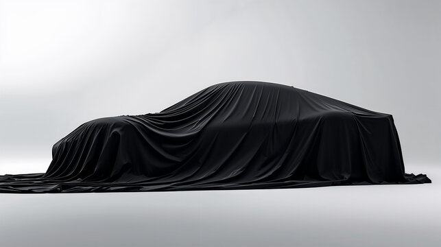 スポーツカーの自動車シルエットを黒布で隠した新車発表向け白背景素材