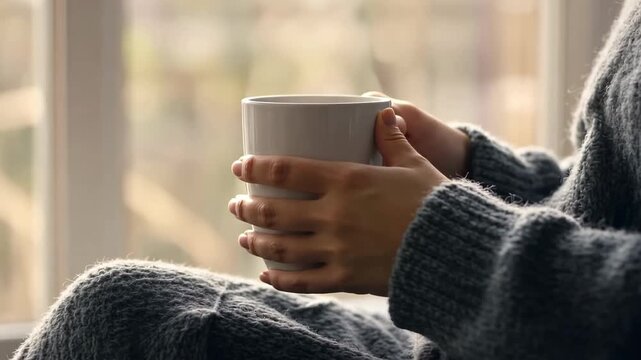 Hands holding a warm coffee mug, oversized cozy sweater texture, soft focus background, blurred window light.