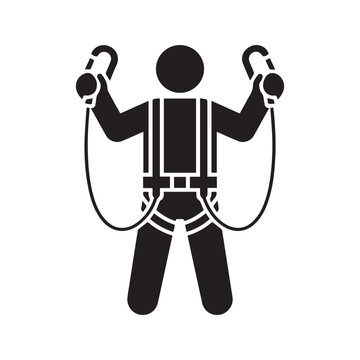 Safety Harness Fall Protection Icon Worker with Lanyard and Carabiner
