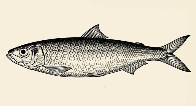 Vintage illustration of a herring fish, a small, oily, forage fish of the family clupeidae, detailed black and white line drawing