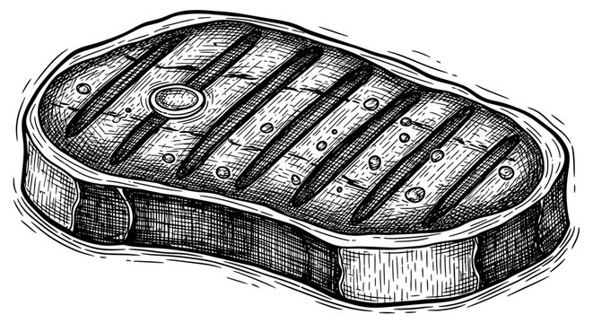 Hand drawn steak illustration, grilled meat piece, vector sketch style drawing of a beef steak with grill marks