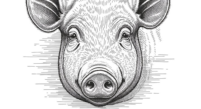 Engraving illustration of a pig head, hand drawn sketch style