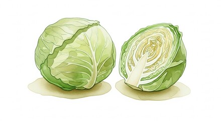 Obraz premium Fresh Cabbage in Soft Pastel Watercolor Illustration, High Resolution