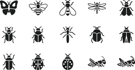 Minimal Insect Icon Set with Butterfly, Bee, Dragonfly, Beetle, Ladybug, Ant, and Grasshopper Silhouettes for Modern UI, Apps, Nature, and Biology Design © Kamrun