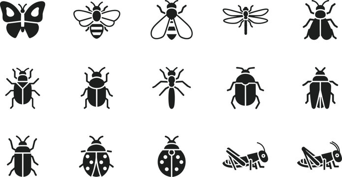 Minimal Insect Icon Set with Butterfly, Bee, Dragonfly, Beetle, Ladybug, Ant, and Grasshopper Silhouettes for Modern UI, Apps, Nature, and Biology Design