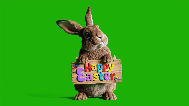 A high-quality 3D animated brown rabbit mascot holding a rustic wooden "Happy Easter" sign while dancing on a green screen. Ideal for professional holiday greetings, seasonal marketing, and spring com