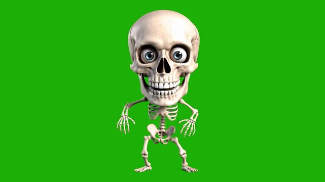 A quirky 3D rendered human skeleton mascot performing a funny dance on a chroma key background. Great for Halloween celebrations, medical humor, anatomy education, and spooky-themed video projects.