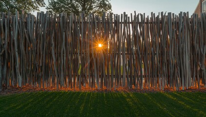 Obraz premium Sunlight streaming through a wooden fence with green grass in the foreground, creating a serene and warm atmosphere
