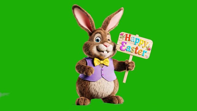 A high-quality animated brown rabbit mascot wearing a purple vest and yellow bow tie, dancing while holding a "Happy Easter" sign on a chroma key background. Perfect for festive video overlays and hol